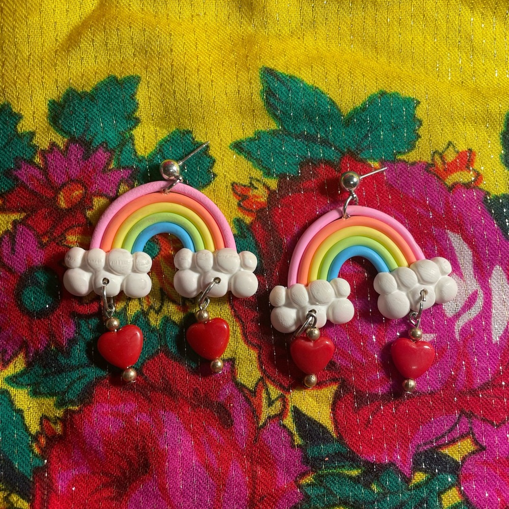 Rainbow earrings with red hearts